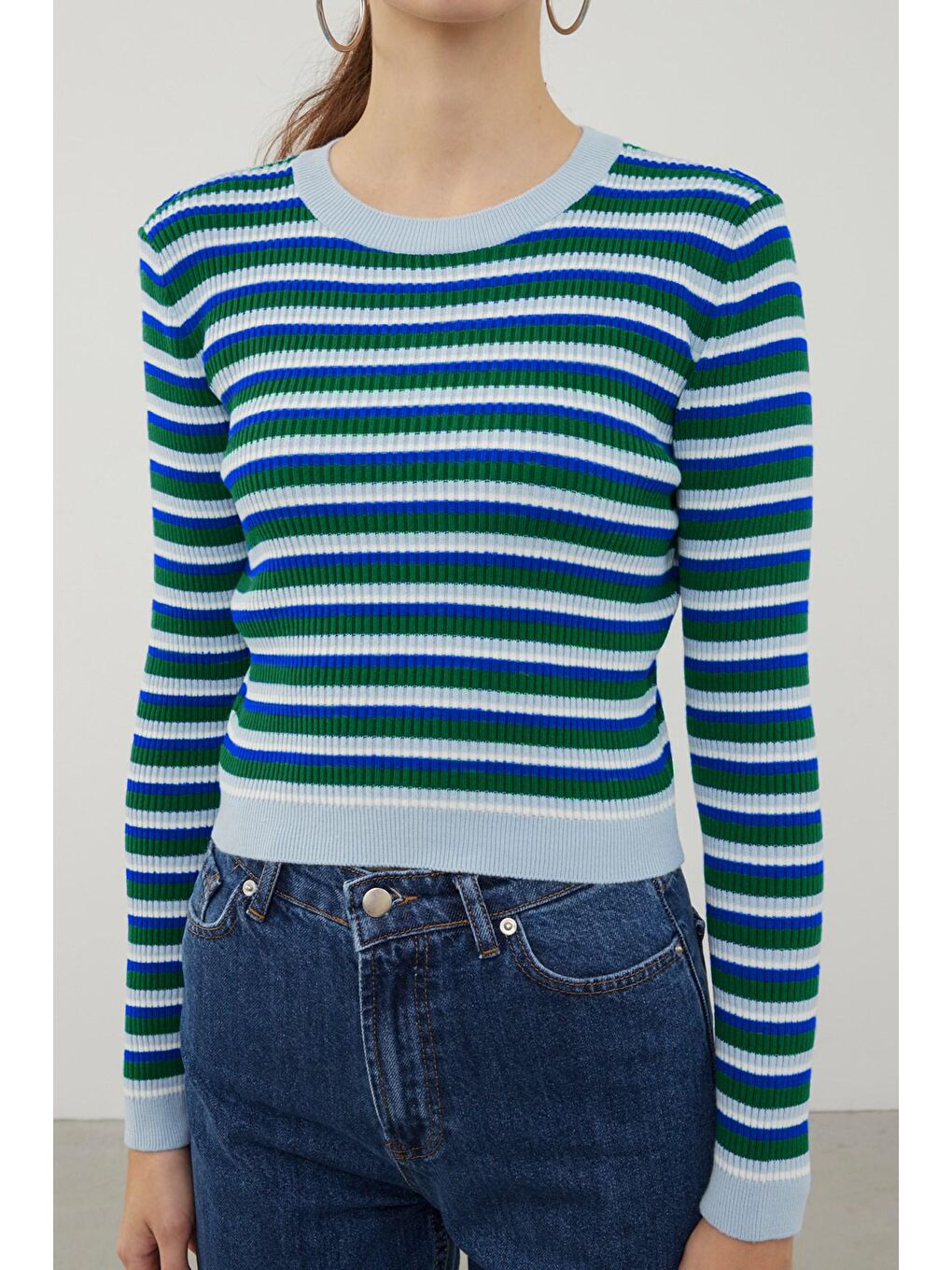 Mavi Çizgili Bisiklet Yaka Basic Triko Kazak SWK4226MA-2