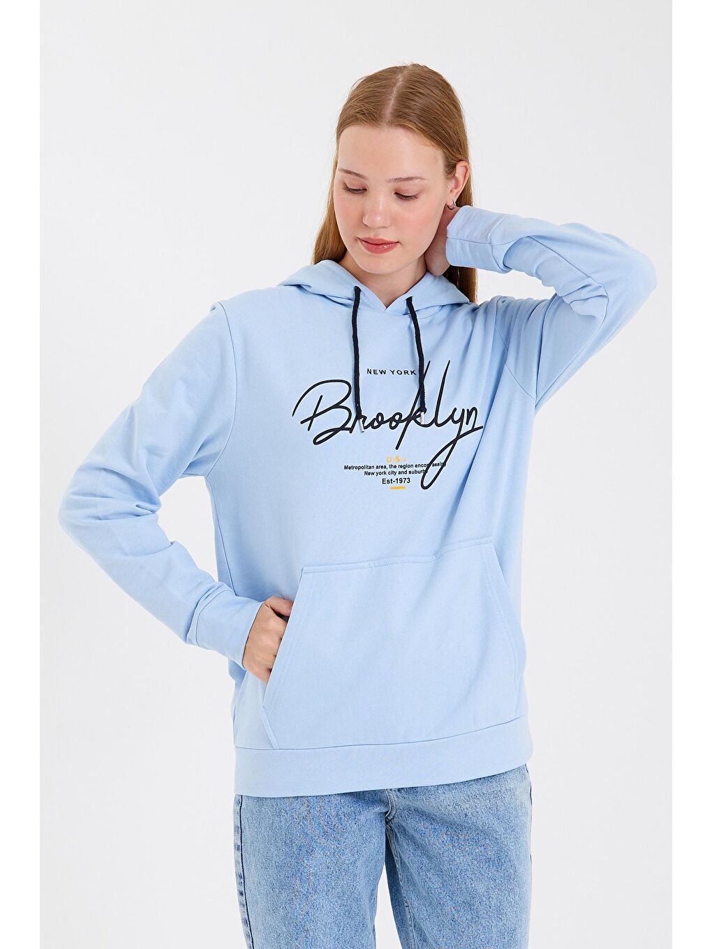 Süperlife Mavi Kadın Kapüşonlu Oversize Fit El Yazılı Brooklyn Baskılı İnce Sweatshirt SPR23SWk361 - 3