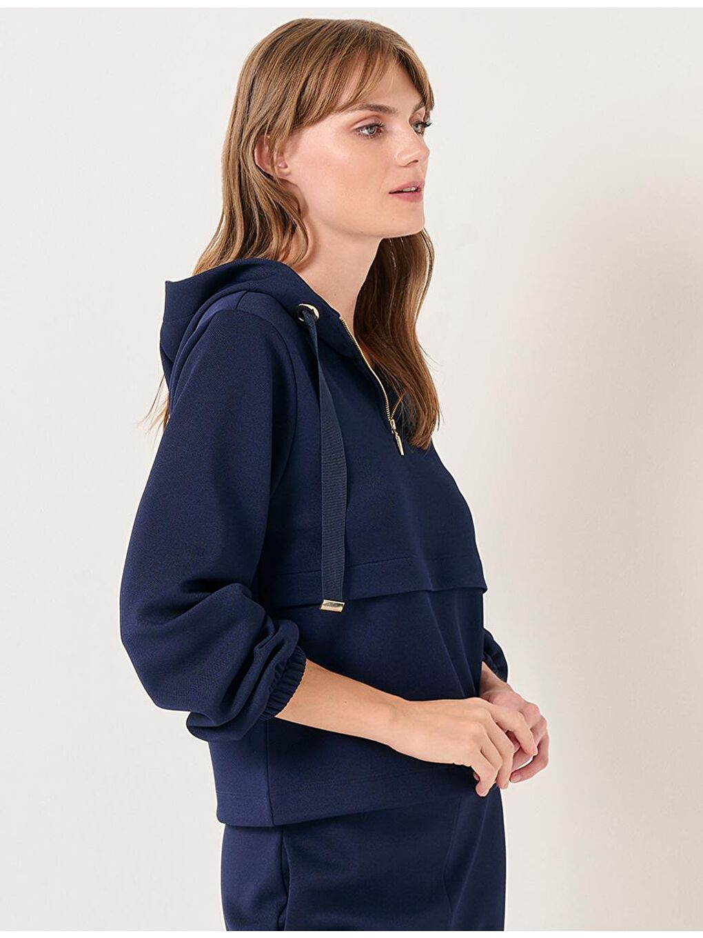 Lacivert Uzun Kollu Rahat Kapüşonlu Sweatshirt-2