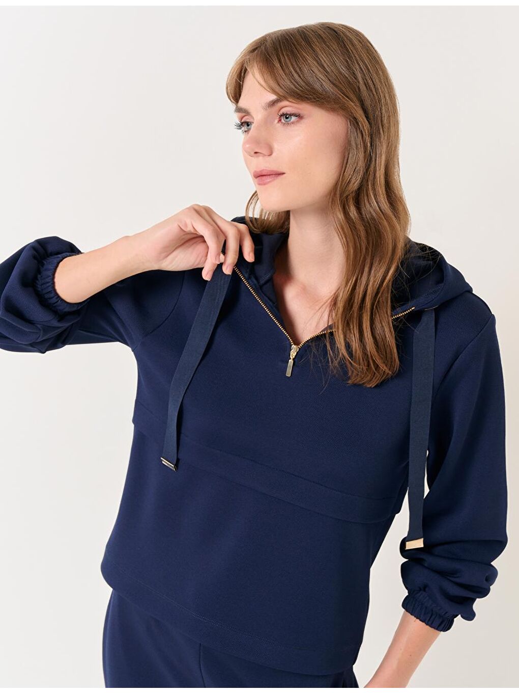 Lacivert Uzun Kollu Rahat Kapüşonlu Sweatshirt-3