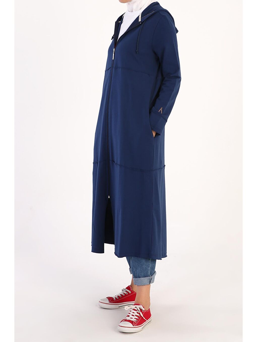 Koyu Mavi Pamuklu Kapüşonlu Hırka