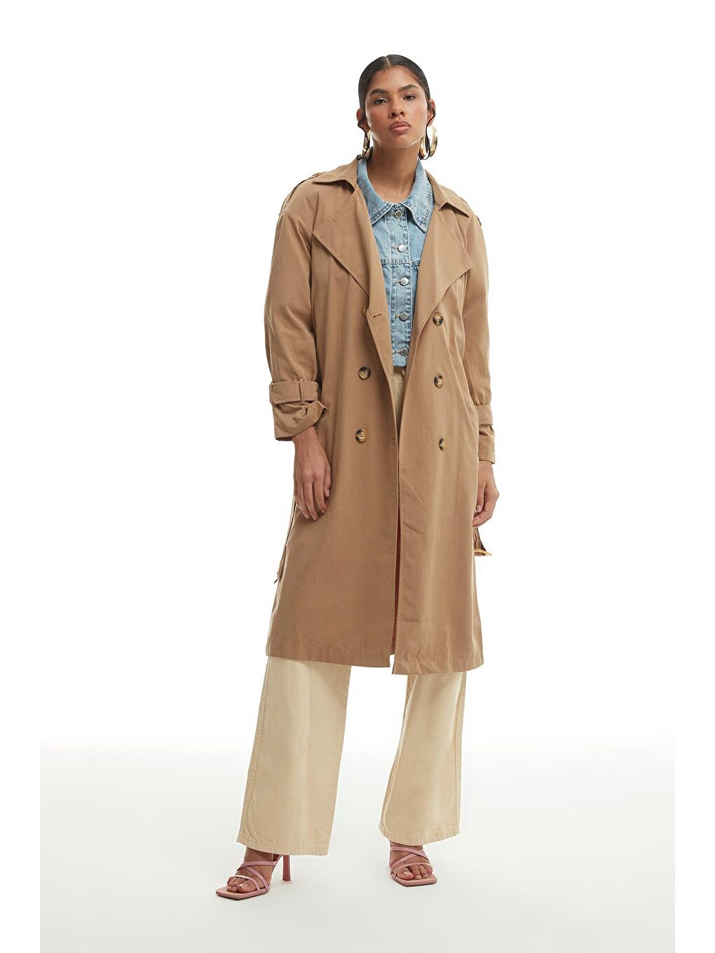 Kemerli Apoletli Trençkot Bej-1