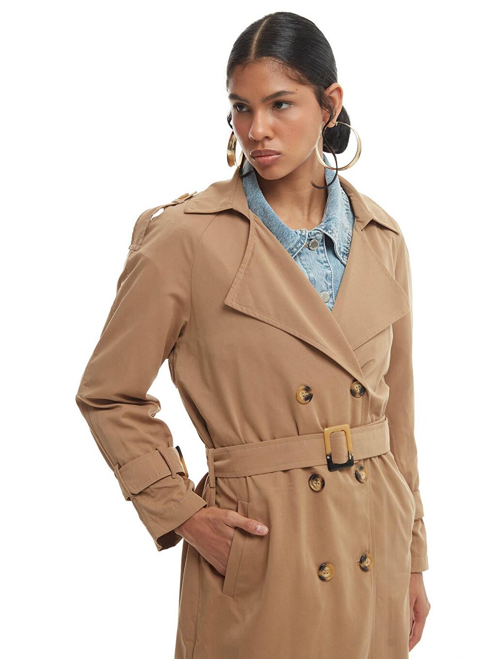 Kemerli Apoletli Trençkot Bej-2