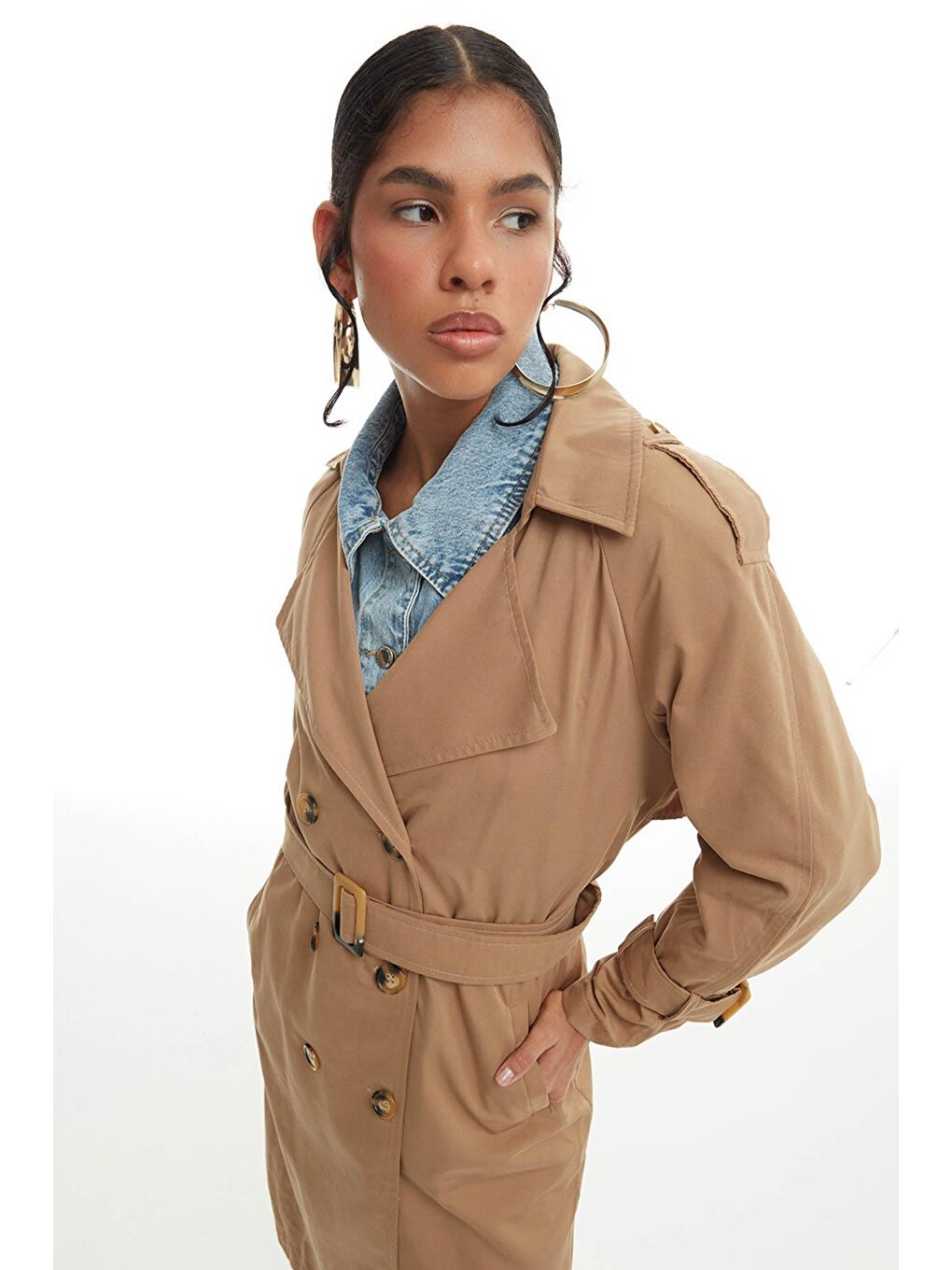 Kemerli Apoletli Trençkot Bej-3