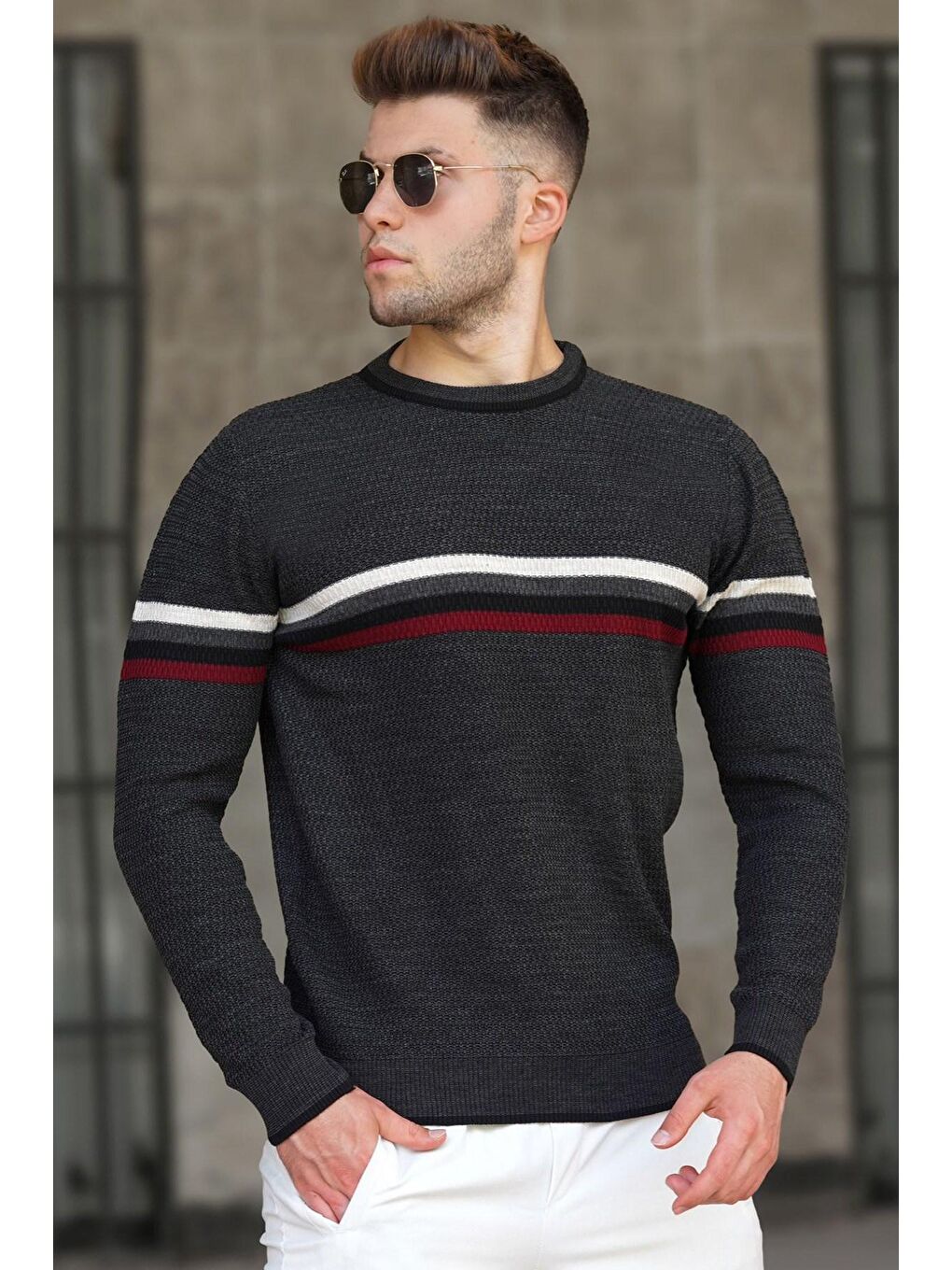 Antrasit Çizgi Detaylı Erkek Kazak 5160