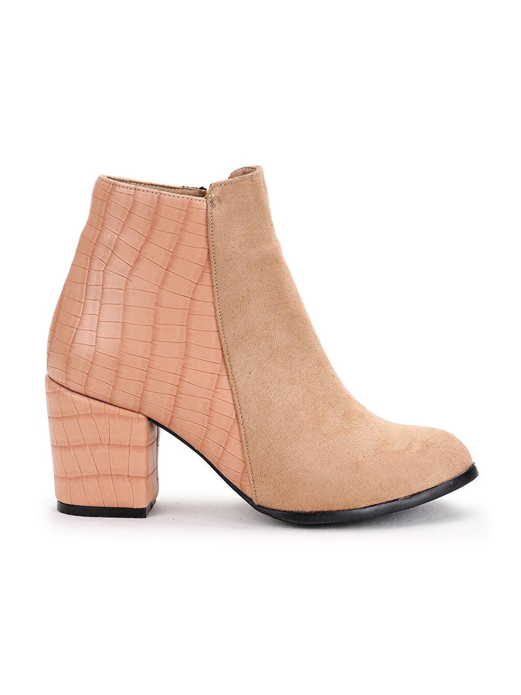 Bej Süet Ekose Desenli Fermuarlı 6 Cm Topuklu Kadın Bot Ayakkabı 516-3