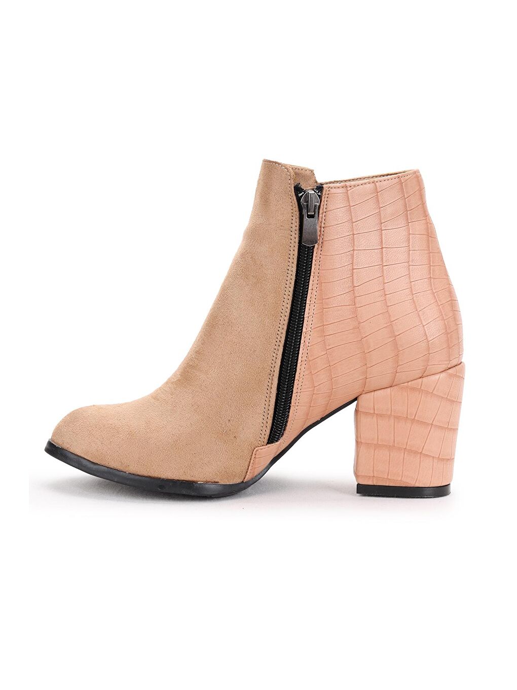 Bej Süet Ekose Desenli Fermuarlı 6 Cm Topuklu Kadın Bot Ayakkabı 516-4