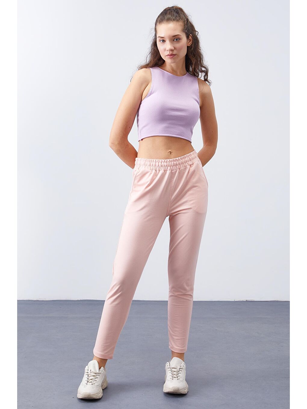 Pembe Yüksek Bel Jogger Rahat Form Dar Paça Kadın Eşofman Alt - 94566