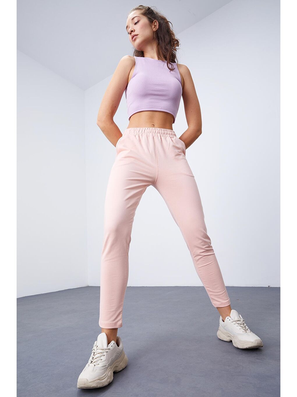 Pembe Yüksek Bel Jogger Rahat Form Dar Paça Kadın Eşofman Alt - 94566-4