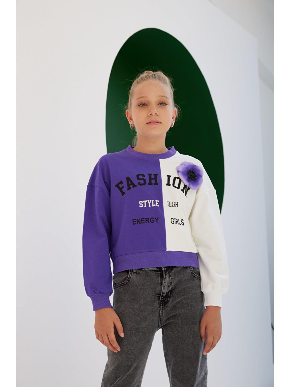 Mor Kız Çocuk Fashion Style Aksesuarlı Renkli SweatShirt