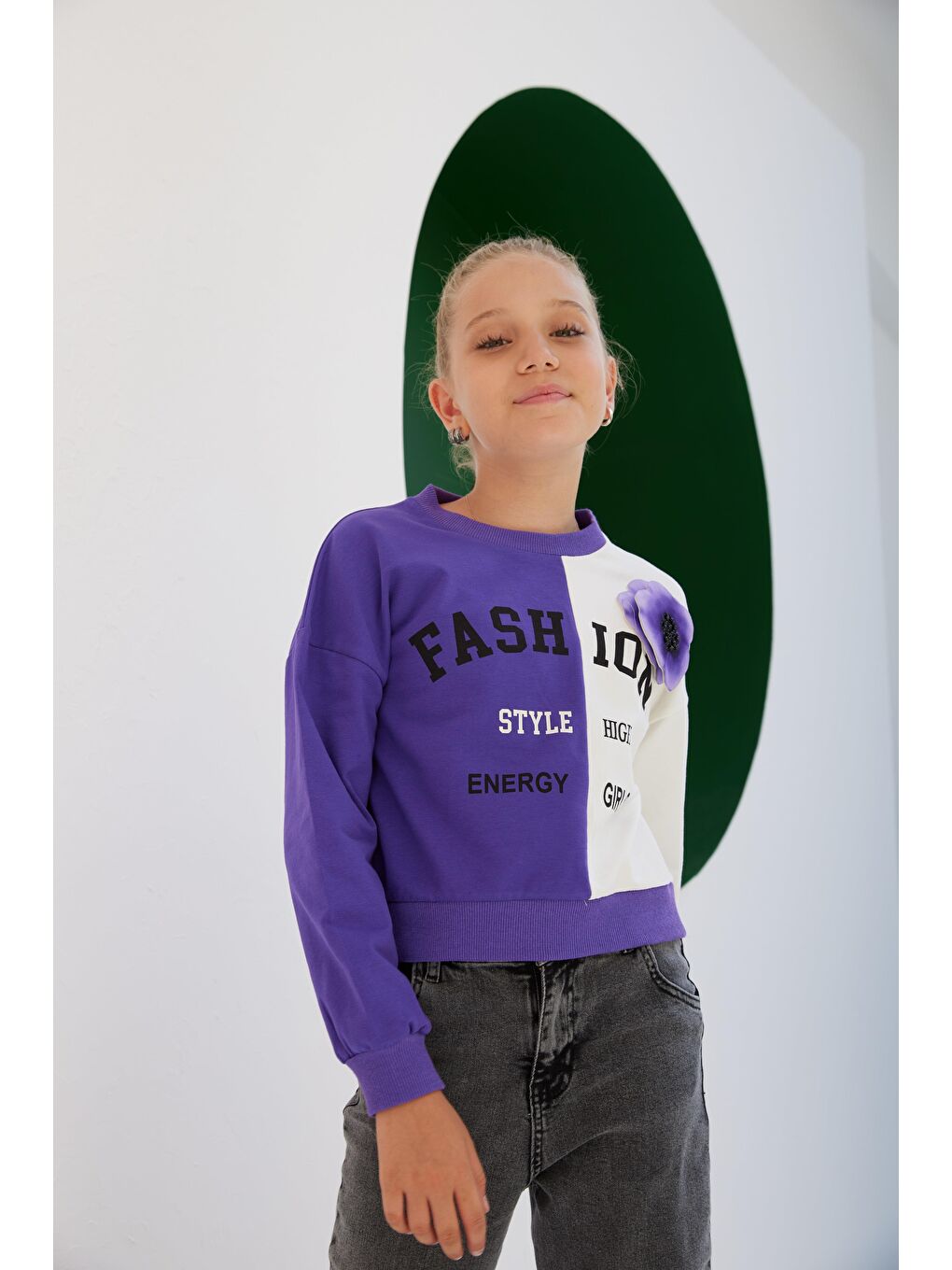 Mor Kız Çocuk Fashion Style Aksesuarlı Renkli SweatShirt-1