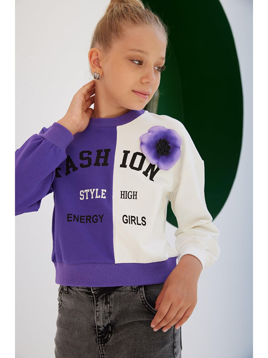 Mor Kız Çocuk Fashion Style Aksesuarlı Renkli SweatShirt-3