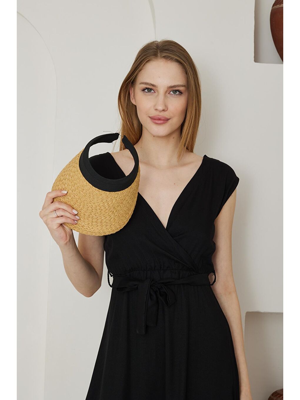 Kahverengi Kadın Hasır Vizör Taçlı Şapka Camel - Bloom-2