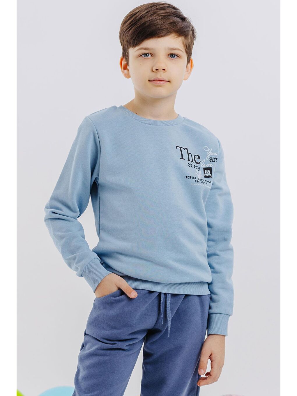 Breeze Bebek Mavisi Yıkamalı Erkek Çocuk Sweatshirt Yazı Baskılı Buz Mavisi (8-14 Yaş)