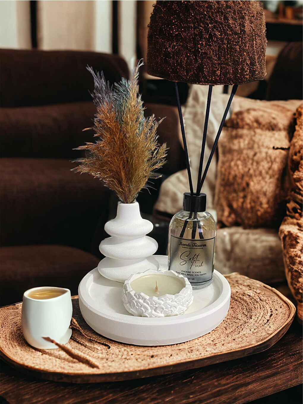 Beyaz Renk Özel Tasarım Oda Kokulu Ve Vazolu , Çiçek Model Mum Standlı Aksesuar Seti