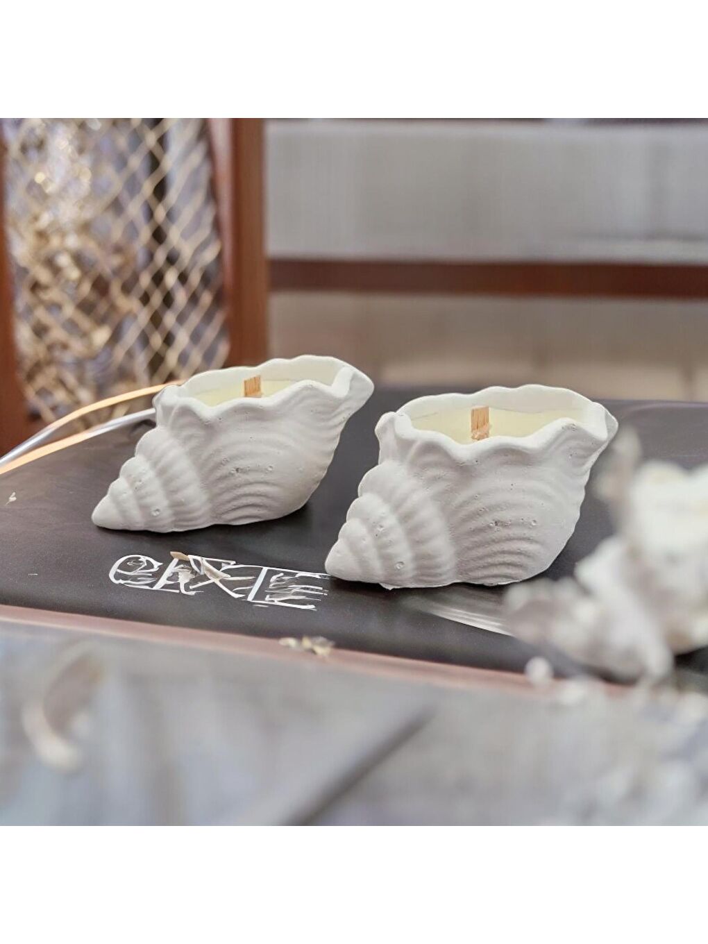 Beyaz Dekoratif Hediyelik İkili Deniz Kabuğu Mum-1