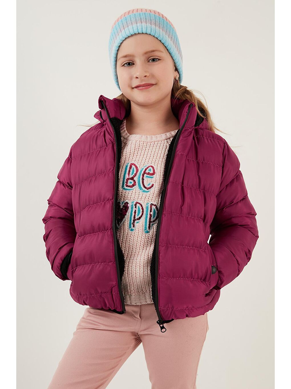 Fuşya Peluş Astarlı Kapüşonlu Slim Fit Şişme Mont 5764516