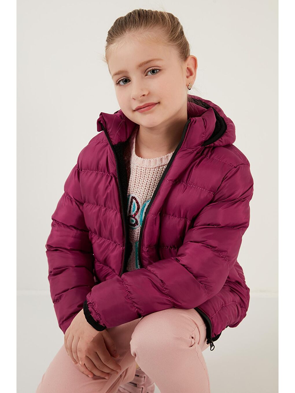 Fuşya Peluş Astarlı Kapüşonlu Slim Fit Şişme Mont 5764516-1