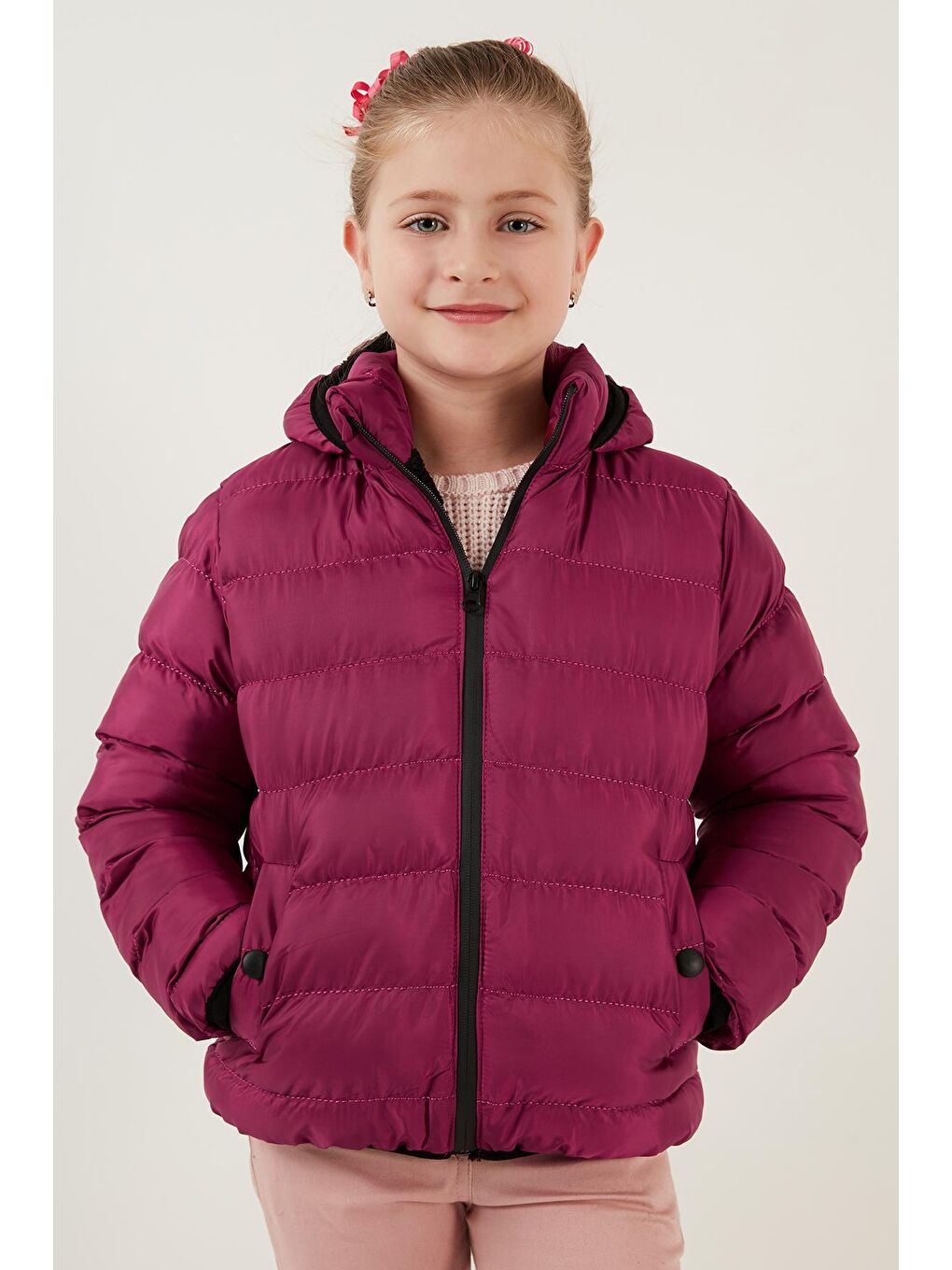 Fuşya Peluş Astarlı Kapüşonlu Slim Fit Şişme Mont 5764516-2