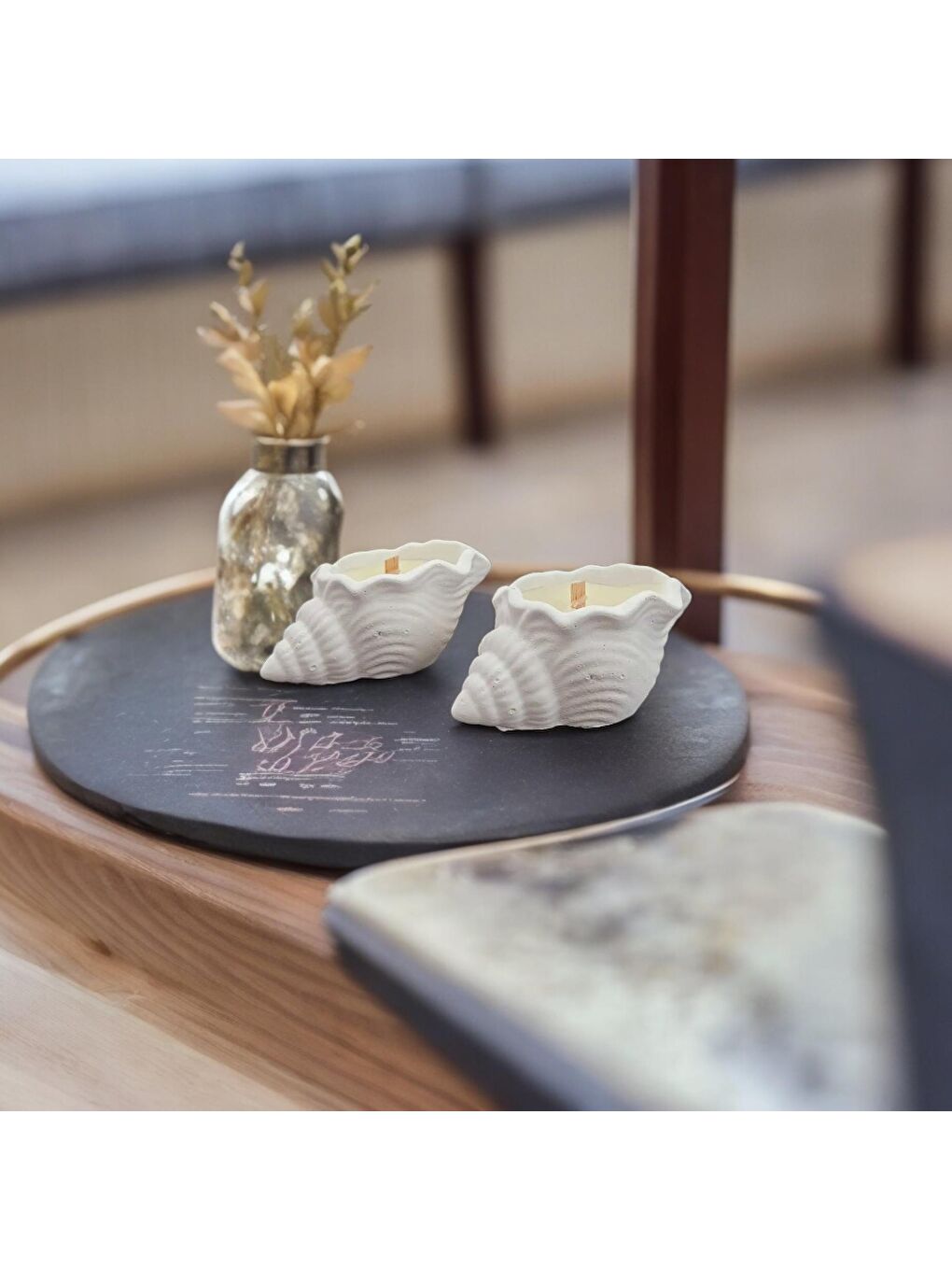 Beyaz Dekoratif Hediyelik İkili Deniz Kabuğu Mum-2