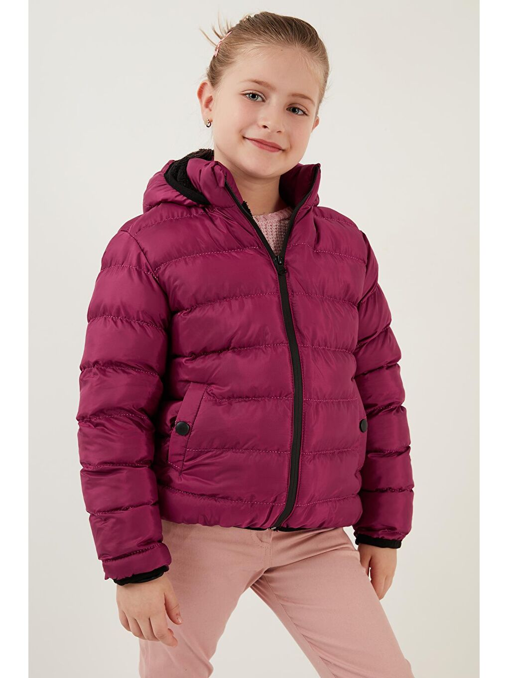 Fuşya Peluş Astarlı Kapüşonlu Slim Fit Şişme Mont 5764516-3