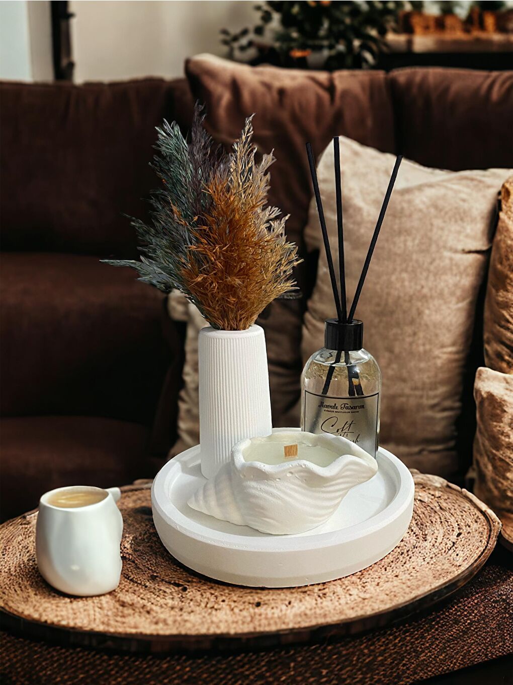 Beyaz Renk Özel Tasarım Oda Kokulu Ve Vazolu , Deniz Kabuğu Mumlu Standlı Aksesuar Seti