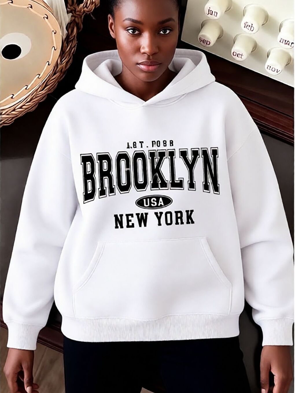 Unisex Beyaz  Oversize Brooklyn Usa Newyork Baskılı Kapüşonlu Sweatshirt Hoodie