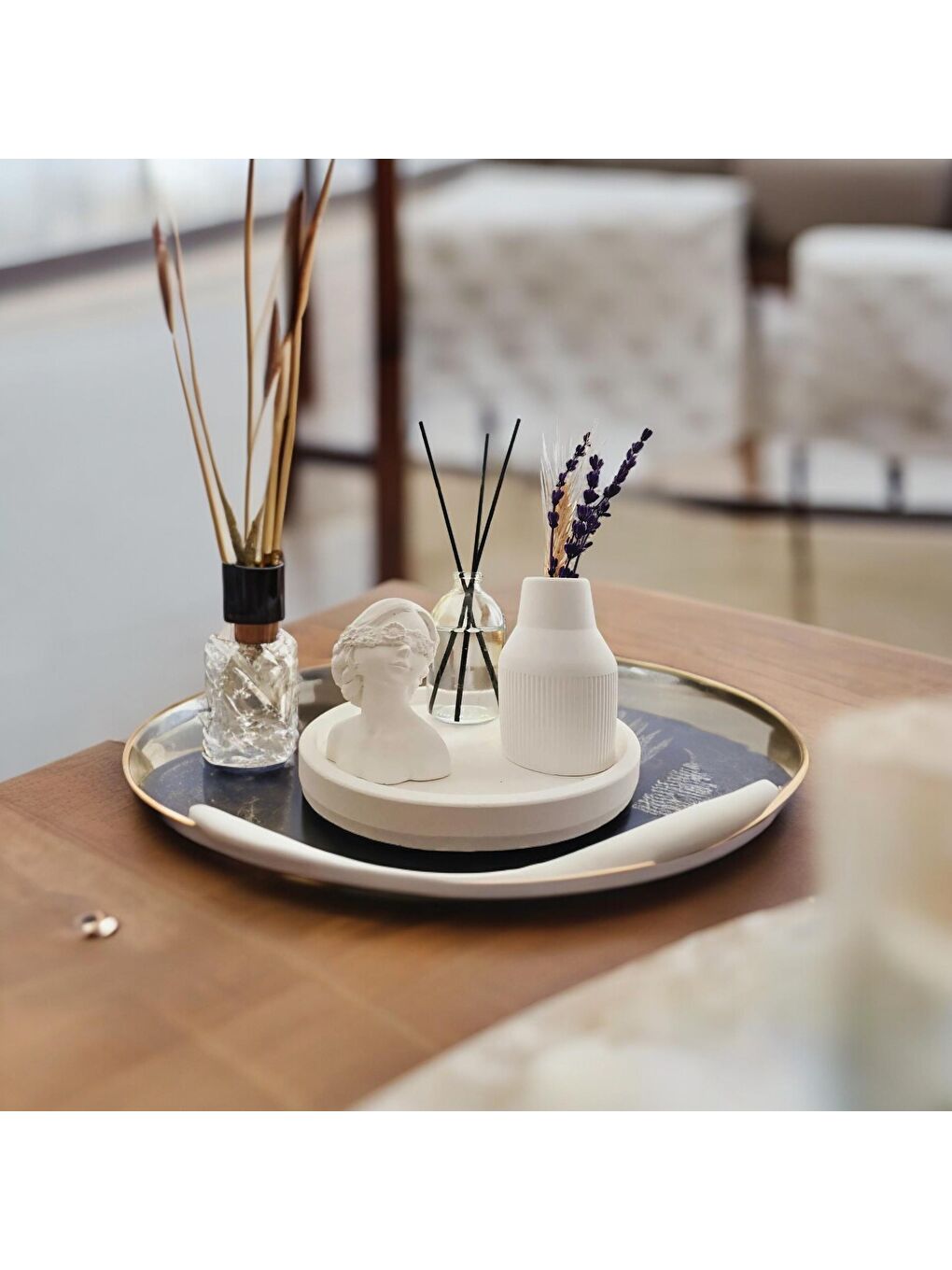 Beyaz Dekoratif Oval Kuru Çiçek Pampas Vazosu Fresh Soft Oda Kokusu Kadın Büst Standlı Set-2