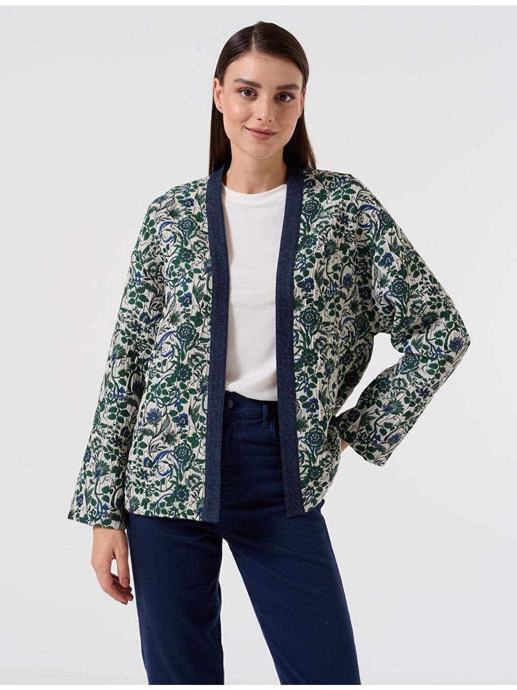 Bej Düz Kesim Açık Yaka Uzun Kollu Dokuma Kimono