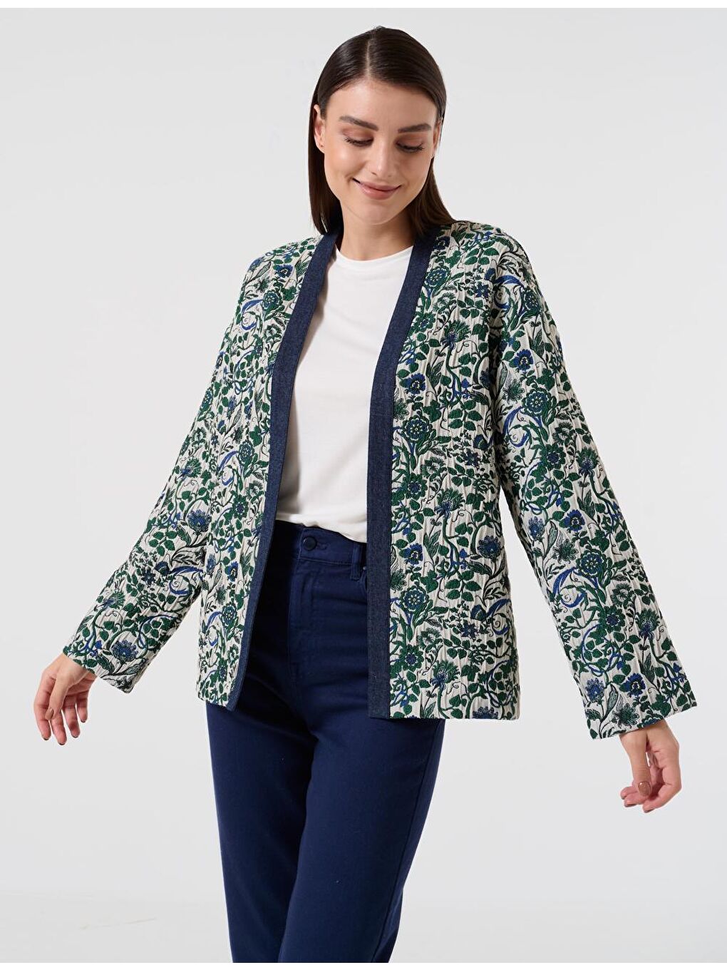 Bej Düz Kesim Açık Yaka Uzun Kollu Dokuma Kimono-1