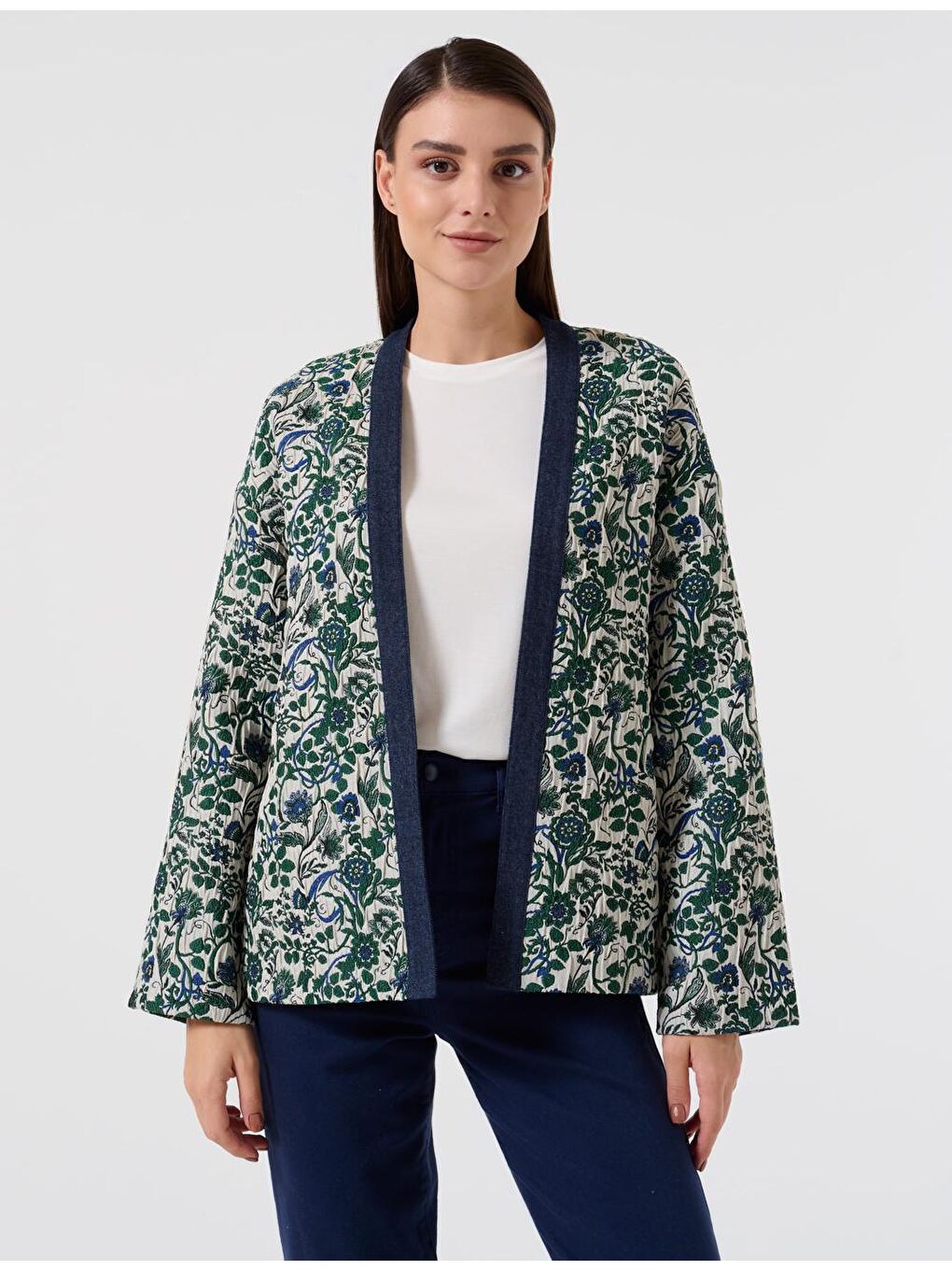 Bej Düz Kesim Açık Yaka Uzun Kollu Dokuma Kimono-2