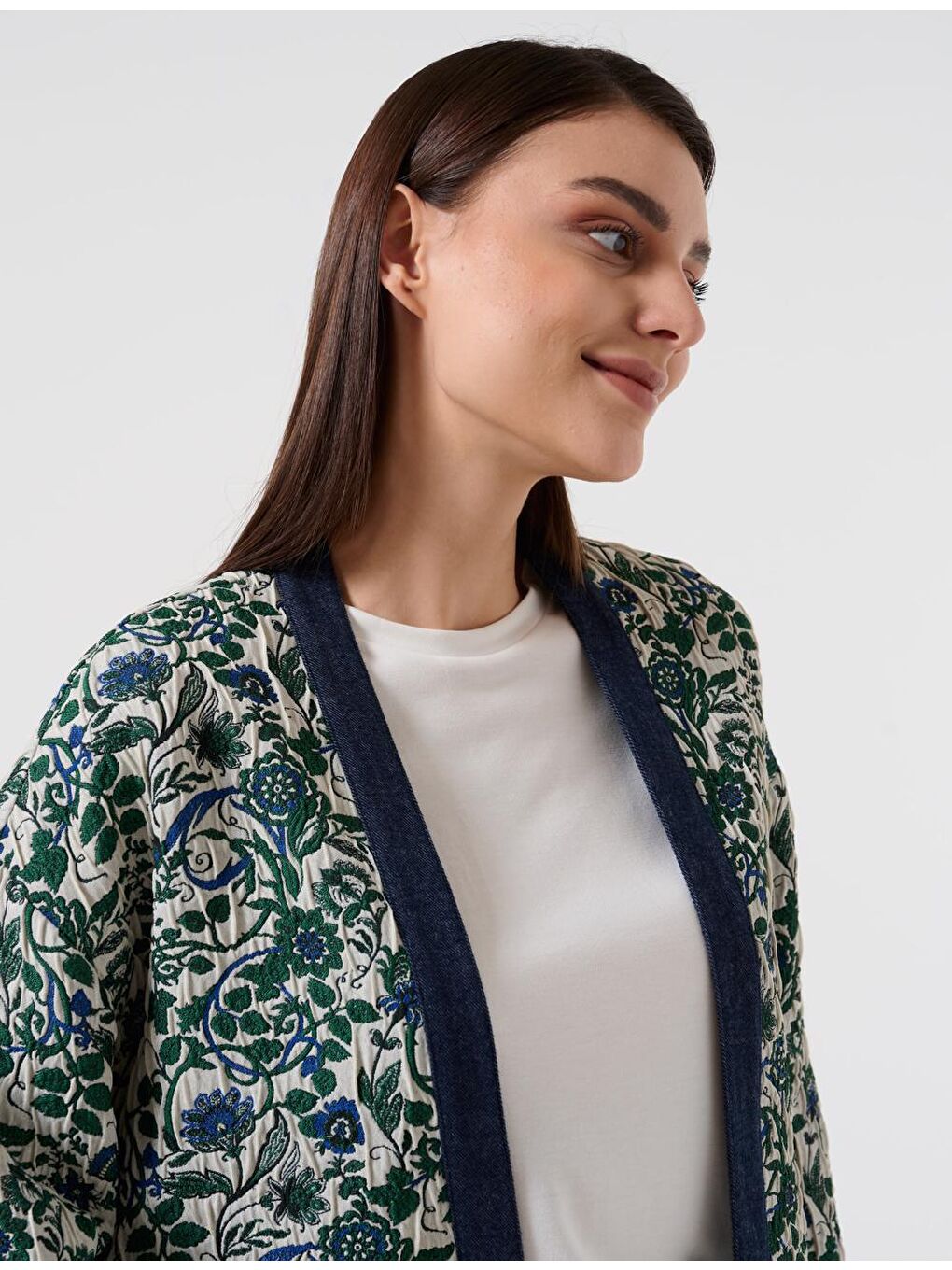 Bej Düz Kesim Açık Yaka Uzun Kollu Dokuma Kimono-3