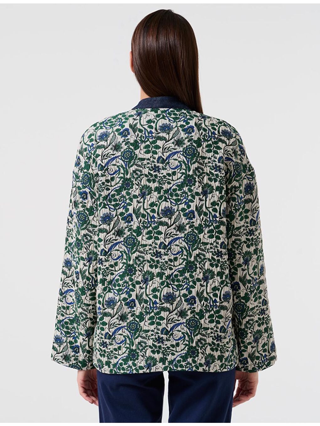 Bej Düz Kesim Açık Yaka Uzun Kollu Dokuma Kimono-4