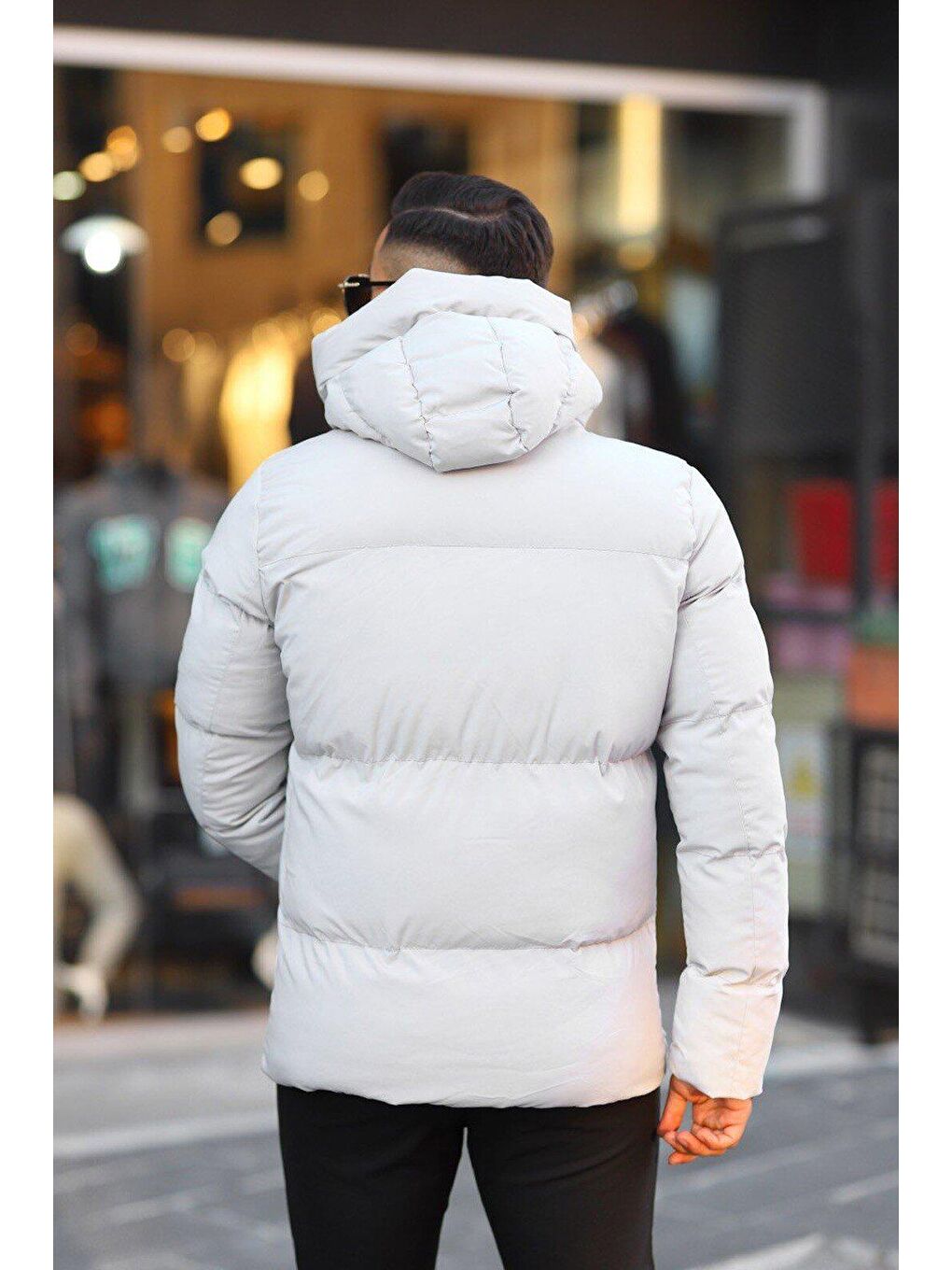 Gri Erkek İçi Astarlı Kapüşonlu Su Ve Rüzgar Geçirmez Şişme Mont