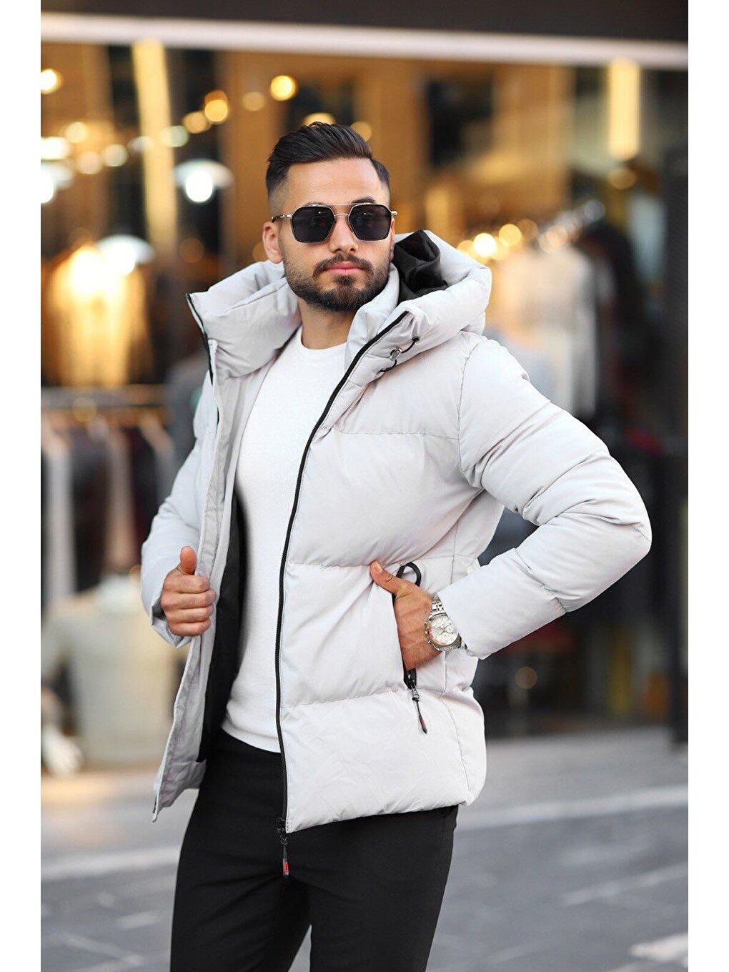 Gri Erkek İçi Astarlı Kapüşonlu Su Ve Rüzgar Geçirmez Şişme Mont-1