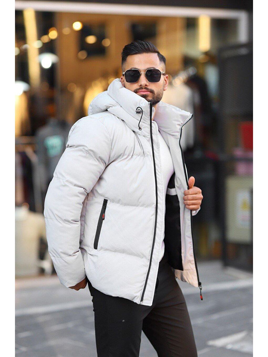 Gri Erkek İçi Astarlı Kapüşonlu Su Ve Rüzgar Geçirmez Şişme Mont-2