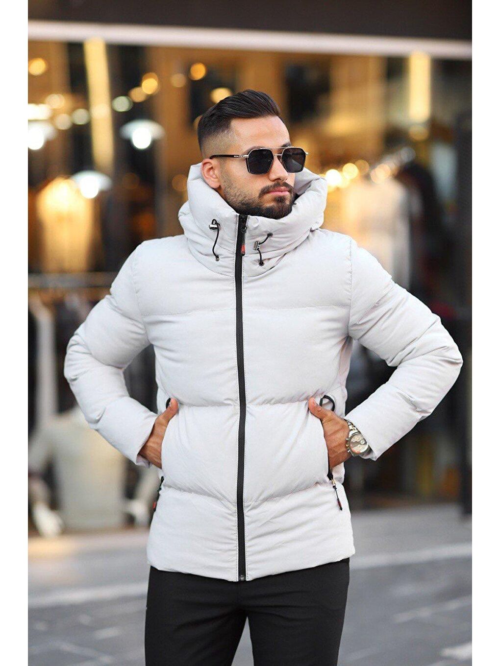 Gri Erkek İçi Astarlı Kapüşonlu Su Ve Rüzgar Geçirmez Şişme Mont-3