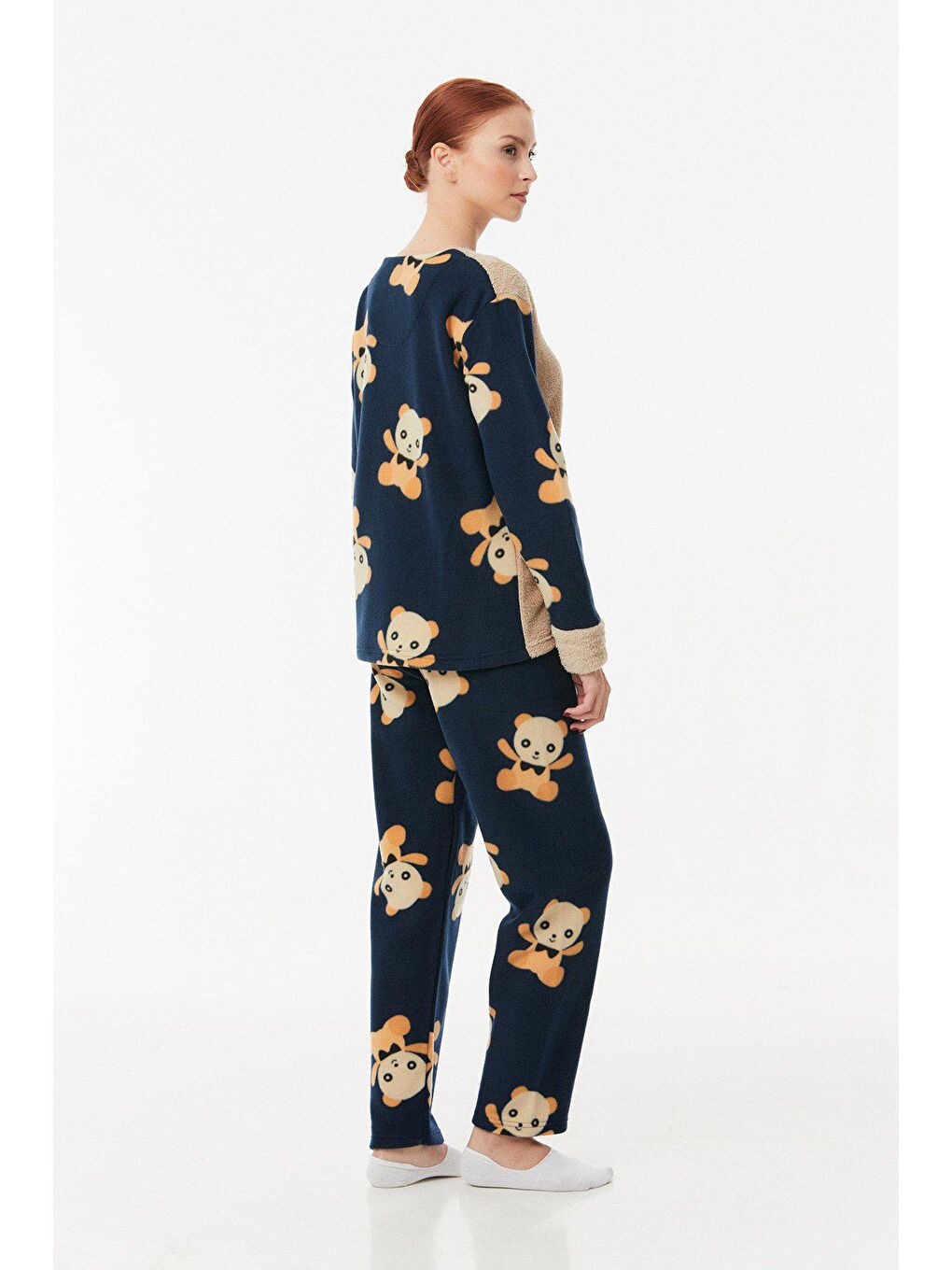 Bej Ayıcık Nakışlı Polar Pijama Takımı-1