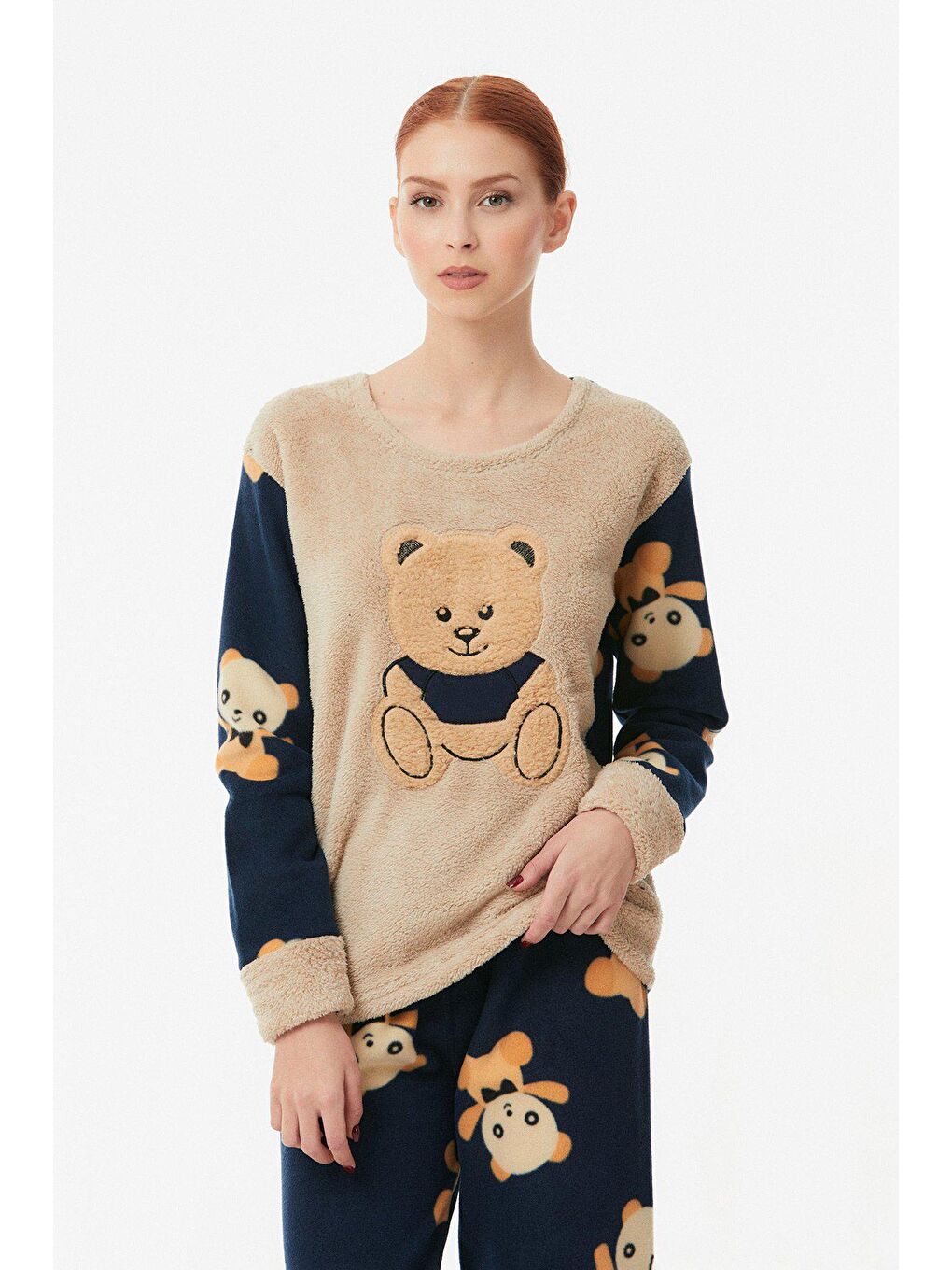 Bej Ayıcık Nakışlı Polar Pijama Takımı-2