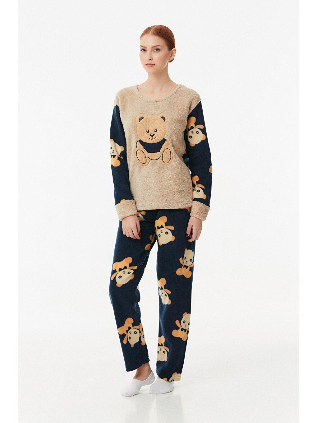 Bej Ayıcık Nakışlı Polar Pijama Takımı-4