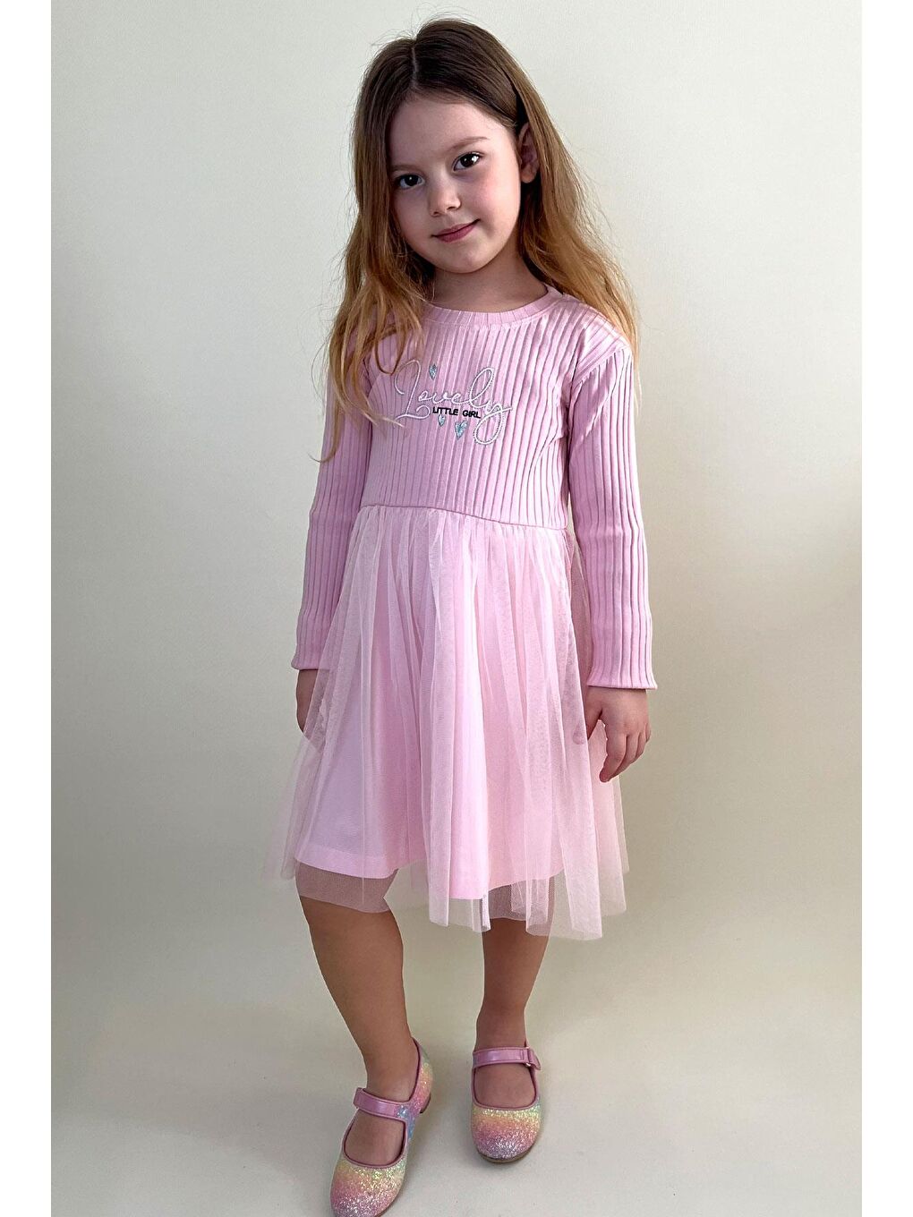Kız Çocuk Uzun Kollu Elbise Yazı Nakışlı Eteği Tüllü Pembe (3-4 Yaş)