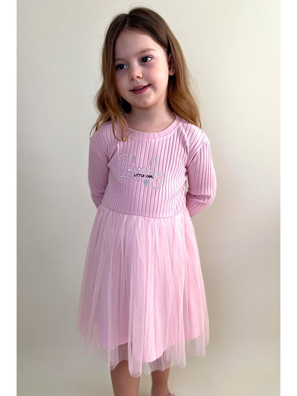 Kız Çocuk Uzun Kollu Elbise Yazı Nakışlı Eteği Tüllü Pembe (3-4 Yaş)-1