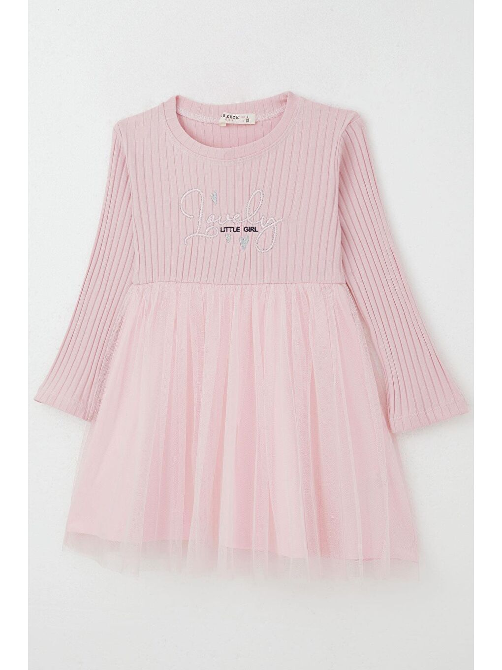Kız Çocuk Uzun Kollu Elbise Yazı Nakışlı Eteği Tüllü Pembe (3-4 Yaş)-4