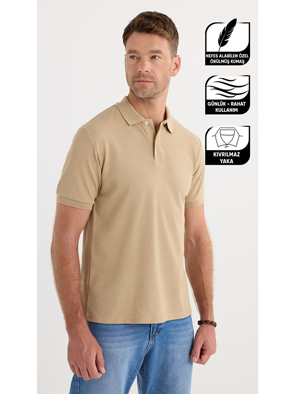 Erkek Slim Fit Dar Kesim Pamuklu Yumuşak Dokulu Serin Tutan Kumaş Düz Pike Bej Polo Yaka Tişört-1