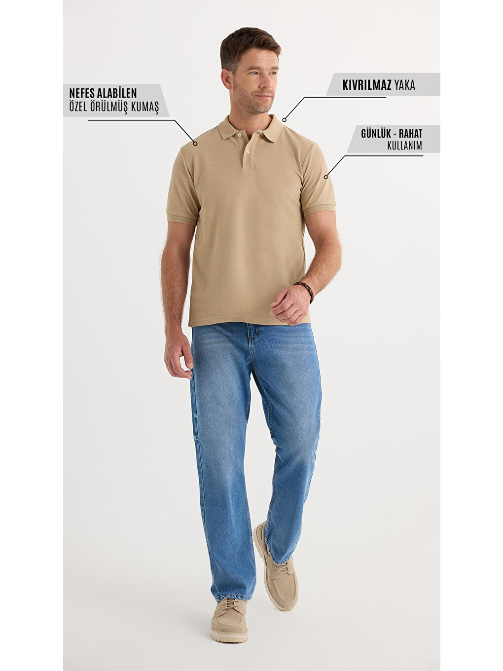Erkek Slim Fit Dar Kesim Pamuklu Yumuşak Dokulu Serin Tutan Kumaş Düz Pike Bej Polo Yaka Tişört-6