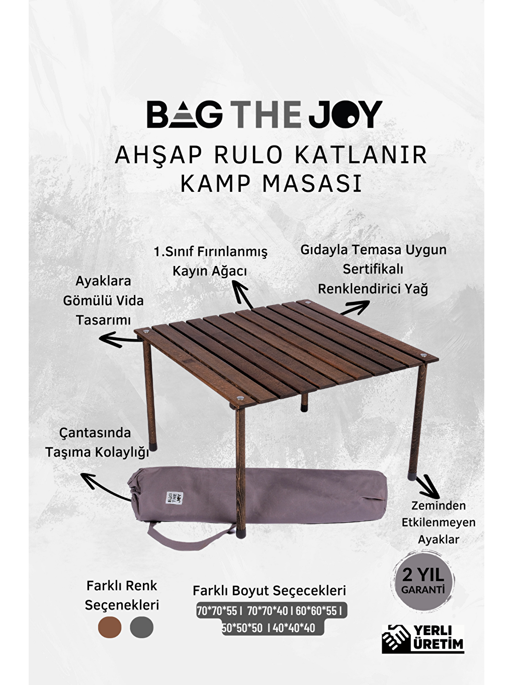 Bag The Joy Antrasit 70*70*40cm Ahşap Katlanır Kamp Masası - Antrasit - 4