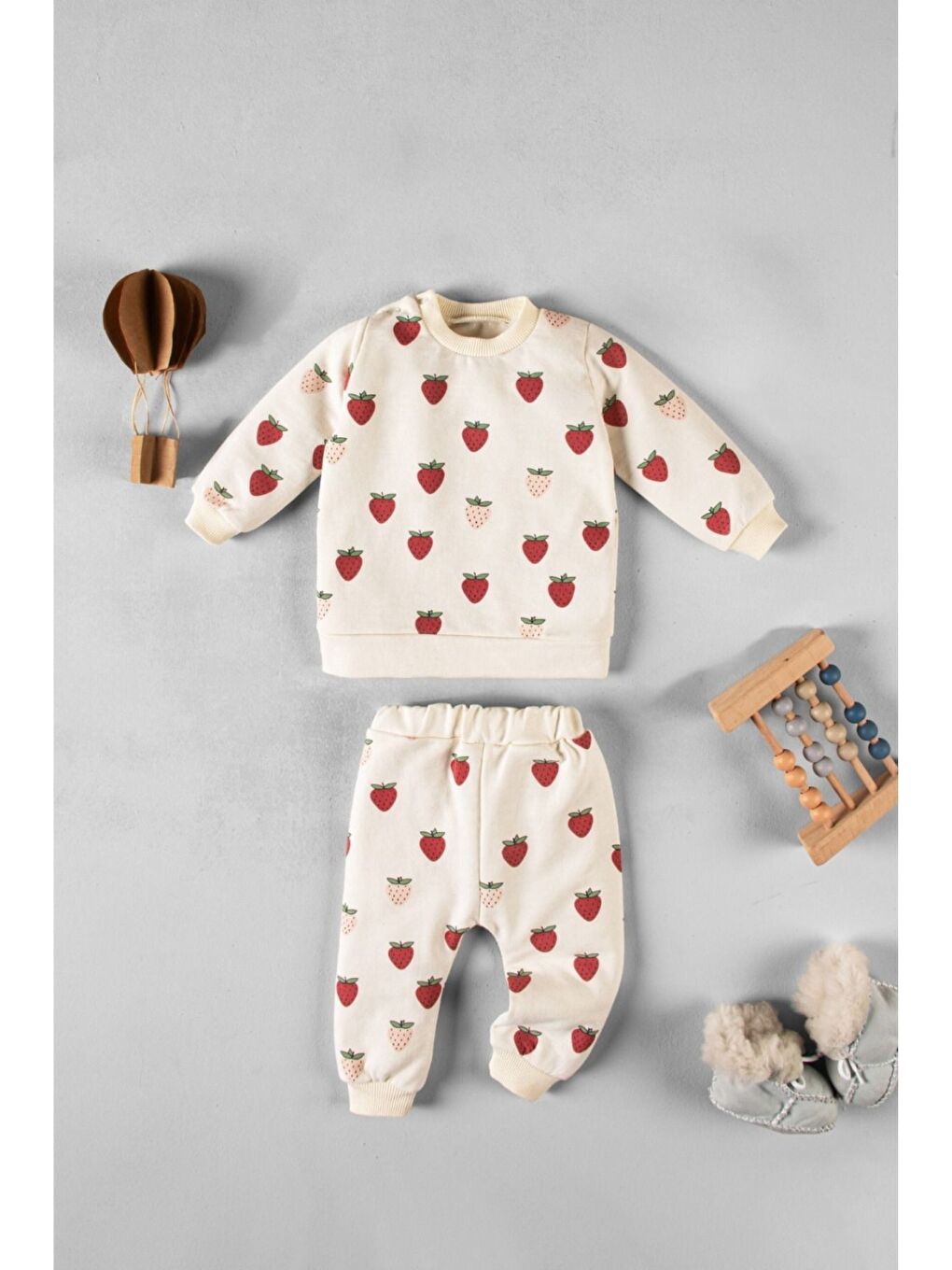 Kırmızı Organik Kumaş Desenli 2 li Unisex Bebek Takım