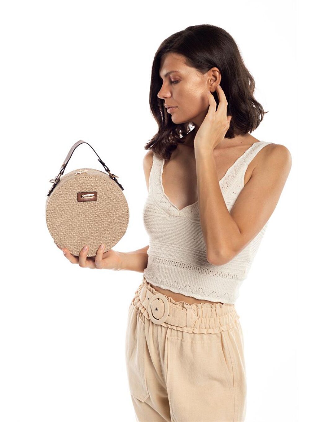 Bej Hasır Kadın Yuvarlak Omuz Çantası-2