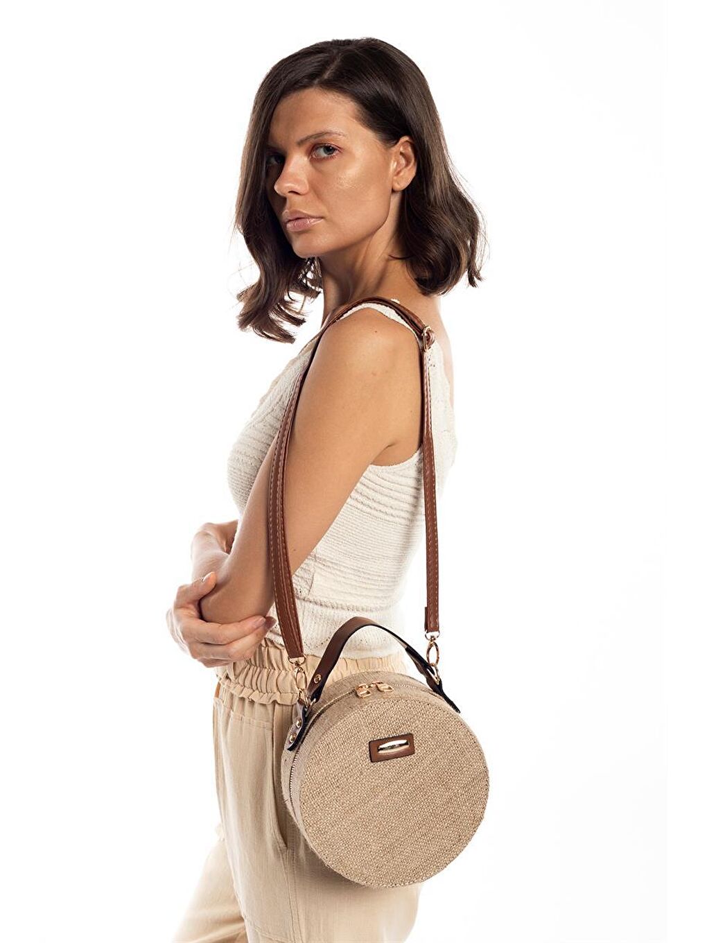 Bej Hasır Kadın Yuvarlak Omuz Çantası-3