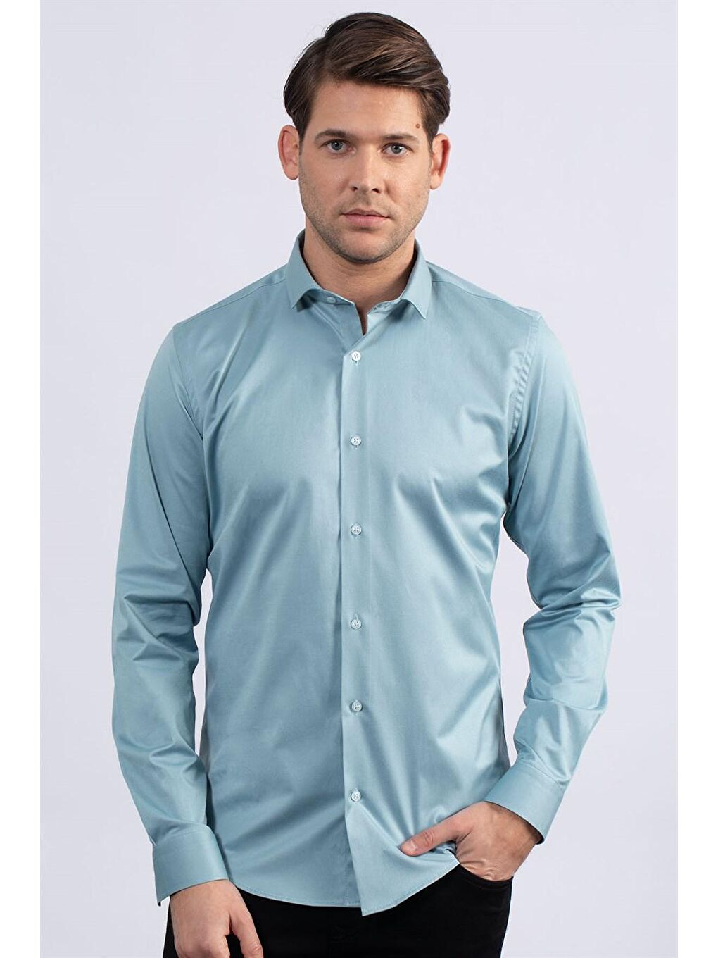 Slim Fit Elastanlı Düz Pamuk Saten Erkek Mavi Gömlek